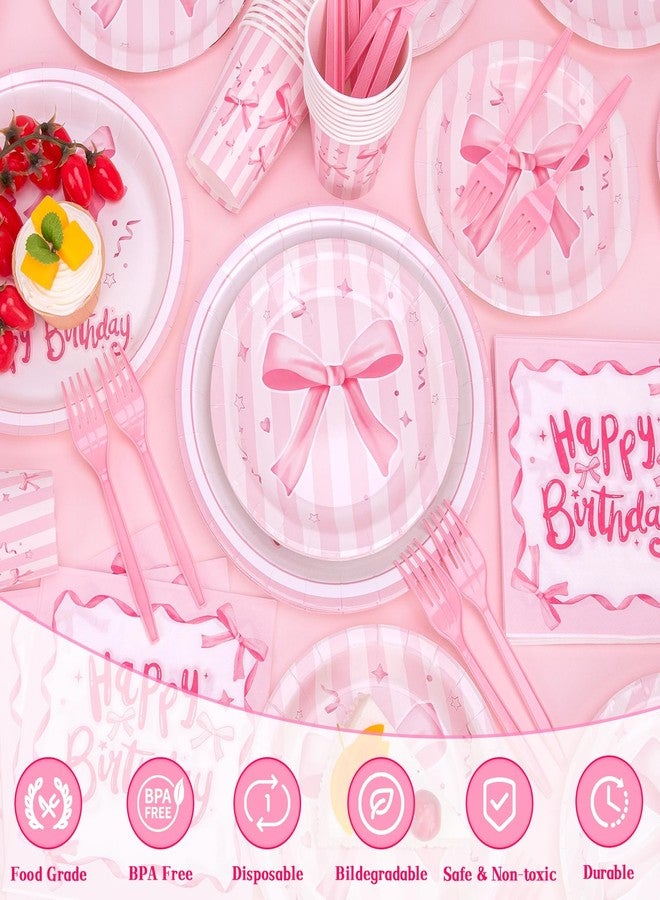 REDWORD Pink Bow Birthday Decorations, 120Pcs Bow Party Tableware Plates Napkins Cups for Pink Birthday Girls Bachelorette Party Decorations-Serves 24 - Image 4